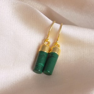 Malachite Drop Earrings Gold, Green Gemstone Earrings, Minimalist Stone, Everyday Simple Dangle, Mothers Day Gift, M7-301 image 1