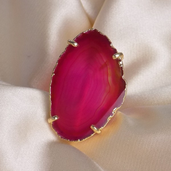 Pink Agate Ring, Large Statement Rings For Women, Geode Ring Gold, Crystal Ring Adjustable, Wedding Jewelry, G15-318