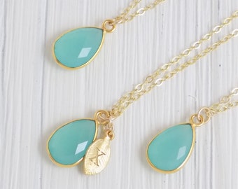 Bridesmaid Gift - Aqua Chalcedony Necklace - Personalized Initial Necklace - Simple Everyday Necklace Gold - M2-11