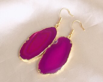 Pink Statement Earrings, Slice Agate Geode Earrings, Unique Crystal Gifts Women, G15-185