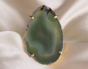 Green Agate Slice Ring Statement, Boho Large Geode Ring, Raw Crystal Ring Gold Adjustable, G15-320
