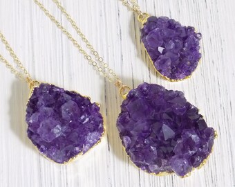 Raw Amethyst Necklace - Druzy Necklace - Raw Stone Necklace - February Birthday Gifts For Mom - R12-09