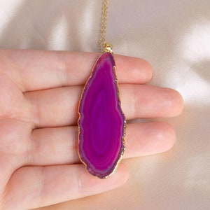 Hot Pink Agate Slice Gemstone Necklace Gold, Boho Long Layer, Gift For Mom, G15-53