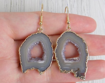 Unique Geode Earrings, Druzy Earrings, Gray Gemstone Dangle Drop, Geode Slice Gold, Bridesmaid Gift For Best Friend, G13-218