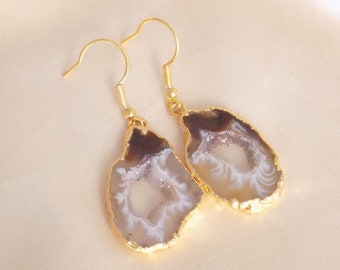 Beige Geode Natural Gemstone Earrings Gold, Christmas Gift Women, G15-330