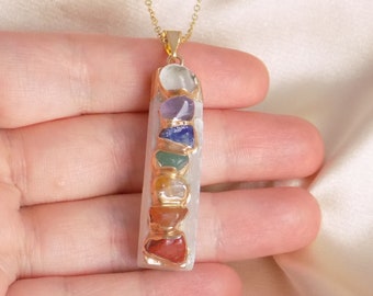 7 Chakra White Selenite Necklace on 14K Gold Filled, Boho Yoga Reiki Jewelry, G15-334