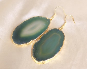 Sliced Agate Earrings, Green Dangle Earrings, Drop Earrings, Agate Earrings, Large Gemstone Earrings, Clip-on Earrings, Gift For Her G15-267