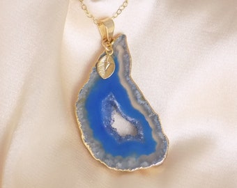 Blue Geode Necklace Gold, Personalized Gemstone Pendant, Christmas Gift Women, G15-335