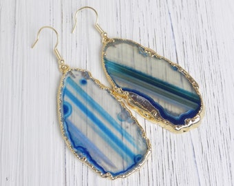 Large Statement Blue Agate Slice Dangle Earrings Gold Plated, Christmas Gift Women, G14-106