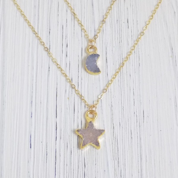 Tiny Moon and Star Druzy Necklaces on Gold Filled Chain - Celestial Jewelry - Small Crescent Moon Necklace - Star Necklace - Gift - R6-20