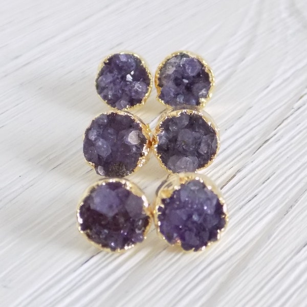 Raw Amethyst Earrings Studs - Deep Purple Raw Stone Earrings - Gold Druzy - Small Simple Everyday Studs - Bridesmaid Gift - G10-600