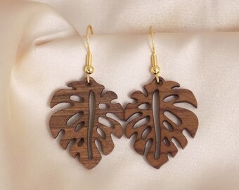 Unique Monstera Leaf Earrings, Wooden Hallow Leaf Earring, Boho Gifts For Her, M7-291