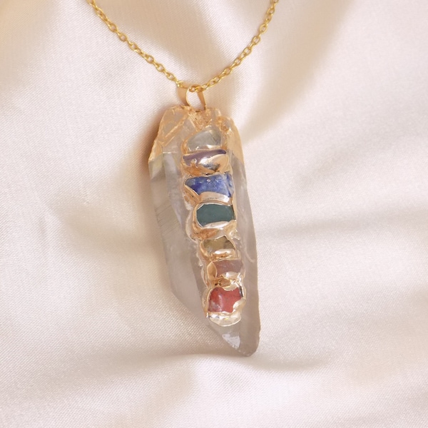 Large Seven Chakra Necklace Gold - Raw Clear Crystal Pendant - Boho Yoga Reiki Jewelry - G15-300