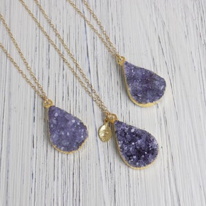 Personalized Raw Amethyst Necklace, Teardrop Druzy Pendant, 14K Gold Filled Chain, Custom Christmas Gift Women, R14-03