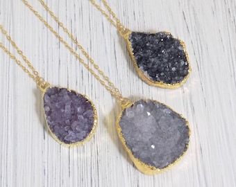 Gift Women - Druzy Necklace Gold - Drusy Pendant Necklaces For Women - Natural Stone Necklace - R10-17