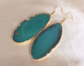 Sliced Agate Earrings, Green Dangle Earrings, Drop Earrings, Agate Earrings, Large Gemstone Earrings, Clip-on Earrings, Gift For Her G15-314