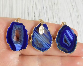 Personalized Crystal Necklace - Blue Druzy Pendant - Agate Geode Slice - Gold Boho Layer Necklace For Women - G11-752