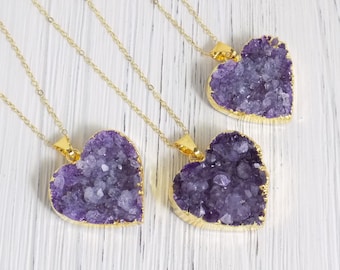 Amethyst Necklace Gold - Amethyst Heart Necklace - Purple Druzy Pendant - Unique Christmas Gifts For Mom - R12-11
