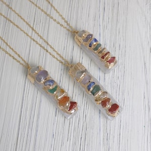 Gold Chakra Necklace, 7 Chakra Necklace, Raw Crystal Necklace Selenite Healing Crystals Yoga Jewelry Boho Necklace Long Unique Gifts G13-122