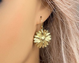 Gold Sunflower Earrings, Large Floral Drop Dangle, Gifts For Her, M6-725