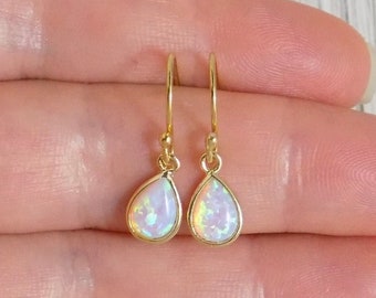 Gold Opal Earrings - Tiny Drop Opal Earring - October Birthstone Gift Women - L2-102