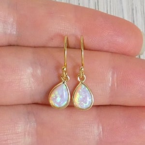Gold Opal Earrings - Tiny Drop Opal Earring - October Birthstone Gift Women - L2-102