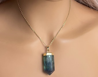 Green Fluorite Point Necklace, Raw Crystal, Gold Plated Boho Jewelry