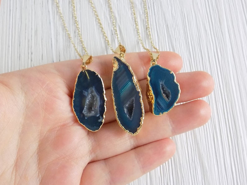 Boho Layering Necklace Gold Small Druzy 8-393 Small Agate Pendant Necklace Teal Geode Small Geode Necklace Raw Stone Necklace