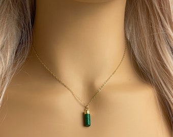 Tiny Malachite Necklace Gold, Green Gemstone Necklace Minimalist, Cylinder Crystal Pendant, Best Friend Christmas Gift, M5-337