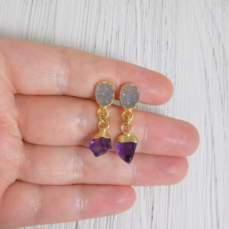 Amethyst Earrings Gray Gemstone Earring Sparkly Druzy Small Gold Mother Gift R4-248 Natural Druzy Stud Earrings