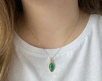 Raw Emerald Necklace Personalized Gold Fill, May Birthstone Necklace, Genuine Emerald Marquise, May Birthday Gift For Wife, M6-88