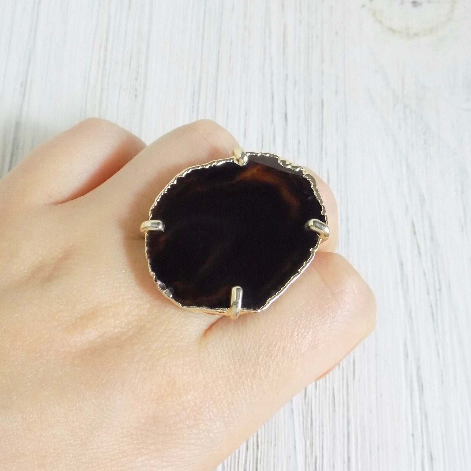 Black Agate Ring Gold Adjustable Large Black Stone Ring Etsy
