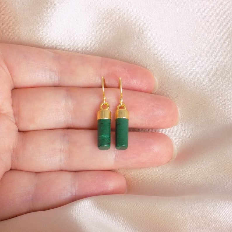 Malachite Drop Earrings Gold, Green Gemstone Earrings, Minimalist Stone, Everyday Simple Dangle, Mothers Day Gift, M7-301 image 3