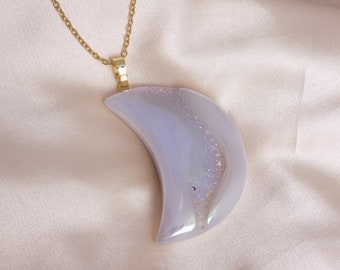 Large Crescent Moon Necklace - Aura Quartz Crystal Necklace Gold - Unique Iridescent Druzy Jewelry Boho - Gift For Her - M7-296
