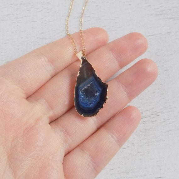 Navy Blue Druzy Necklace Small Agate Necklace Geode | Etsy