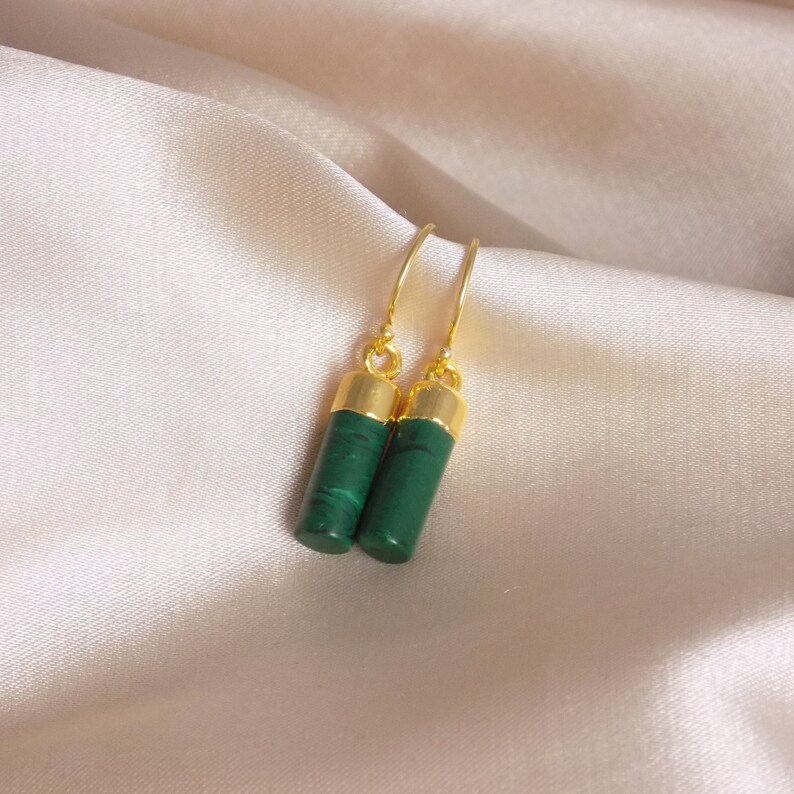 Malachite Drop Earrings Gold, Green Gemstone Earrings, Minimalist Stone, Everyday Simple Dangle, Mothers Day Gift, M7-301 image 1