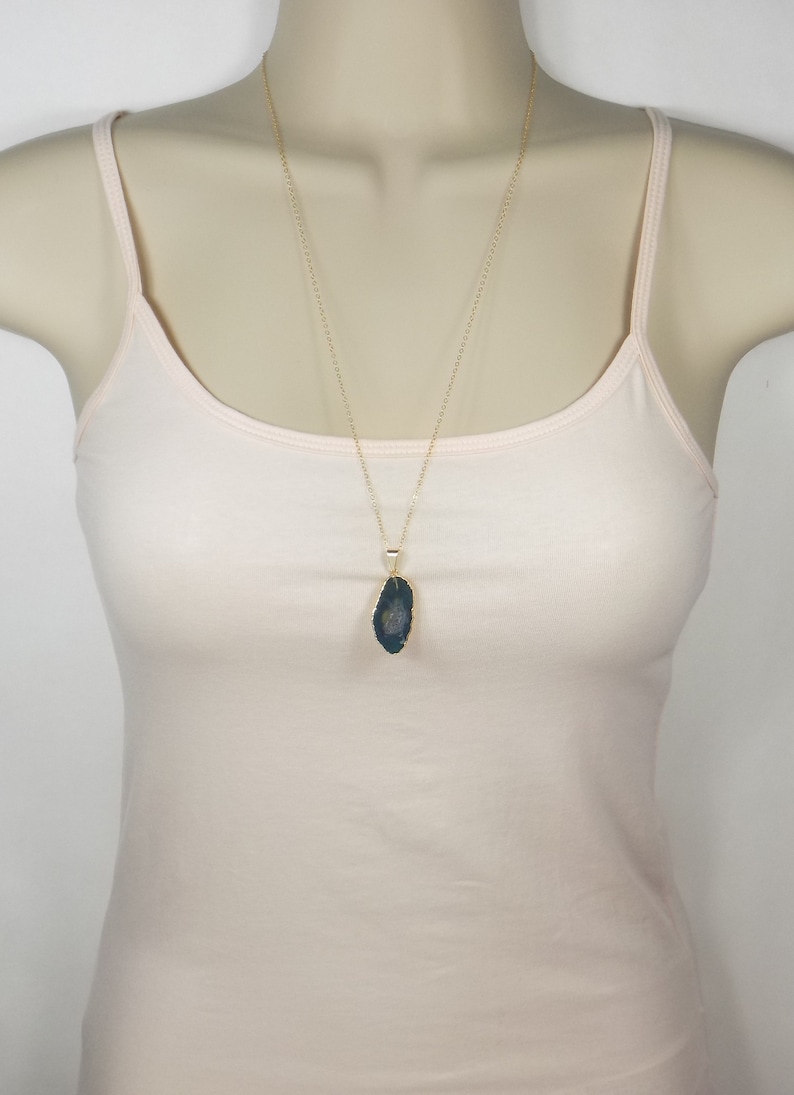 Boho Layering Necklace Gold Small Druzy 8-393 Small Agate Pendant Necklace Teal Geode Small Geode Necklace Raw Stone Necklace