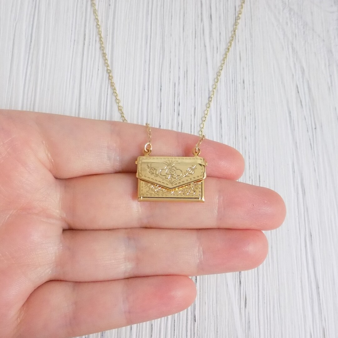 Envelope Necklace Gold Locket Necklace Large Locket Etsy
