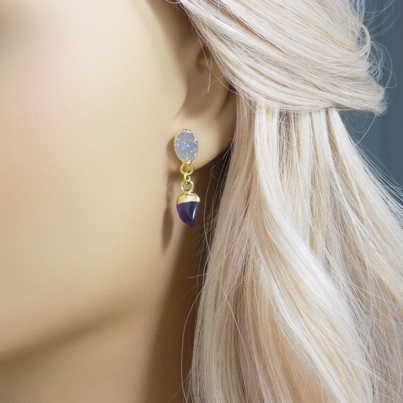 Amethyst Earrings Gray Gemstone Earring Sparkly Druzy Small Gold Mother Gift R4-248 Natural Druzy Stud Earrings
