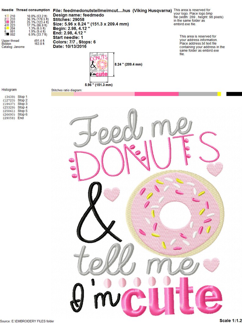 May include: Embroidered design featuring the text "Feed me donuts & tell me I'm cute" in pink and gray lettering with a pink donut with yellow and white sprinkles. The design is approximately 5.96 inches by 8.24 inches.