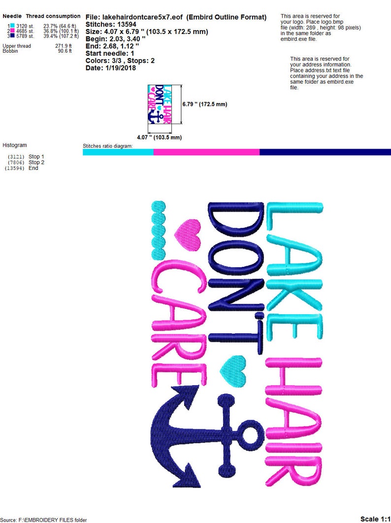 May include: An embroidered design with the text "LAKE HAIR DON'T CARE" in pink, blue, and navy. The design includes hearts, an anchor, and a series of small circles. The design measures 4.07 inches by 6.79 inches.