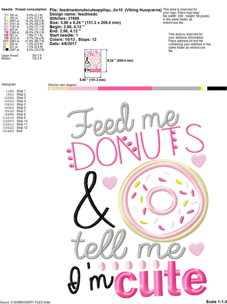 Feed me donuts applique design 5x7 6x10 cute embroidery file -pes file - newborn baby girl embroidery file - toddler girl embroidery shirt image 3