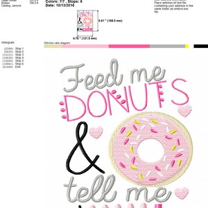 May include: Embroidered design featuring the text "Feed me donuts & tell me I'm cute" in pink and gray lettering. A pink donut with yellow and white sprinkles is featured next to the text.