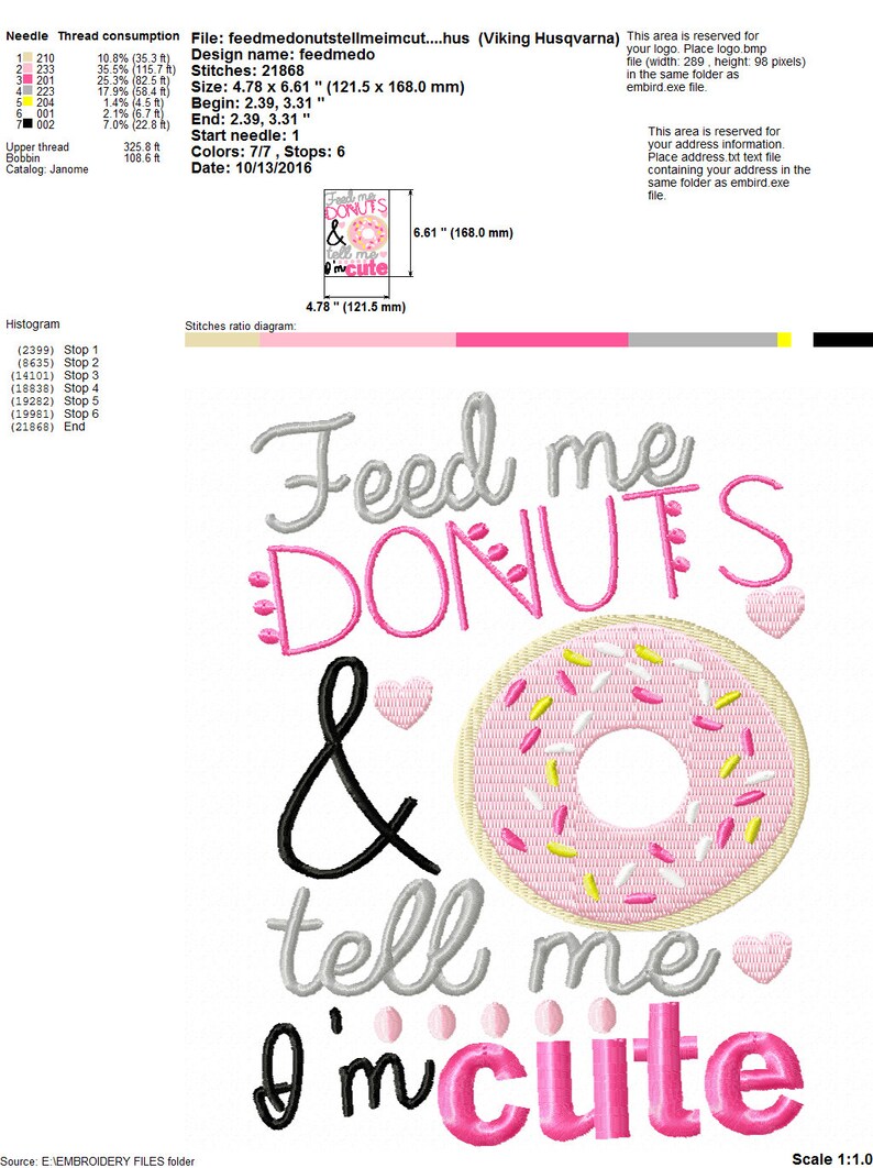 May include: Embroidered design featuring the text "Feed me donuts & tell me I'm cute" in pink and gray lettering. A pink donut with yellow and white sprinkles is featured next to the text.
