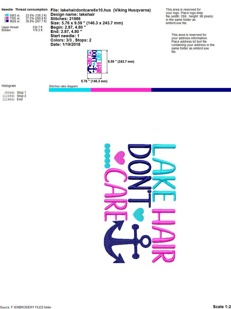 May include: An embroidery design with the text "LAKE HAIR DON'T CARE" in pink, teal, and navy blue, with an anchor and hearts. The design measures 5.76 x 9.59 inches (146.3 x 243.7 mm).