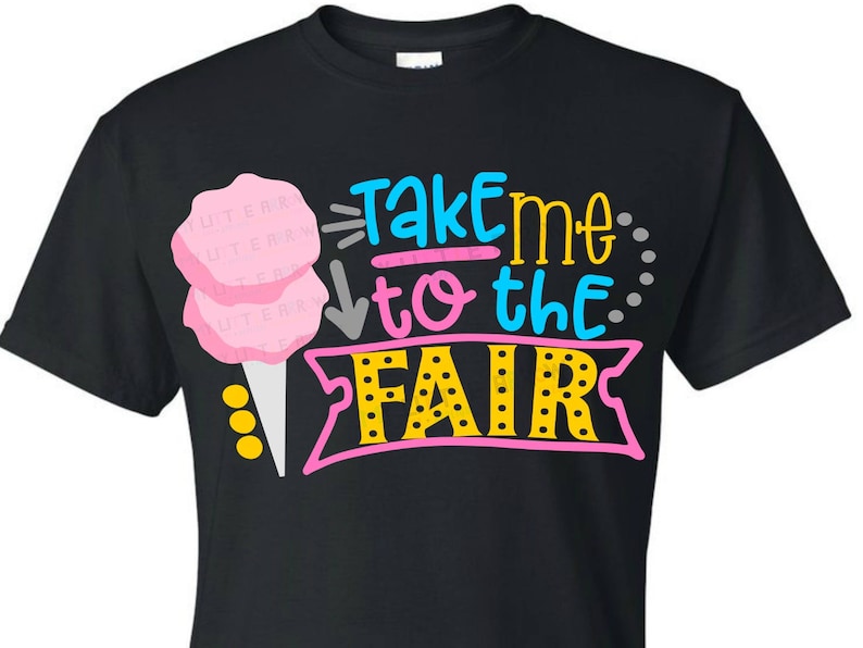 May include: Black t-shirt with the text "Take me to the Fair" in colorful letters. A pink cotton candy graphic is on the left side of the shirt.