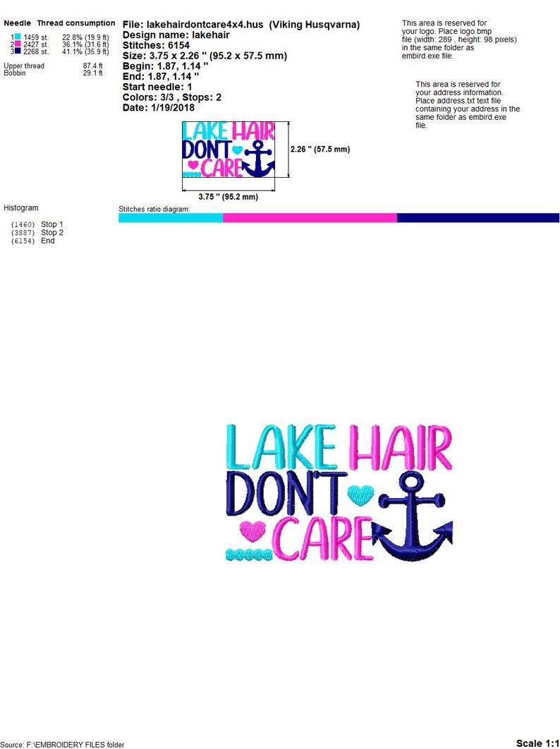 May include: An embroidered design with the text "LAKE HAIR DON'T CARE" in turquoise and pink, featuring a blue anchor and hearts. The design measures 3.75 x 2.26 inches (95.2 x 57.5 mm).