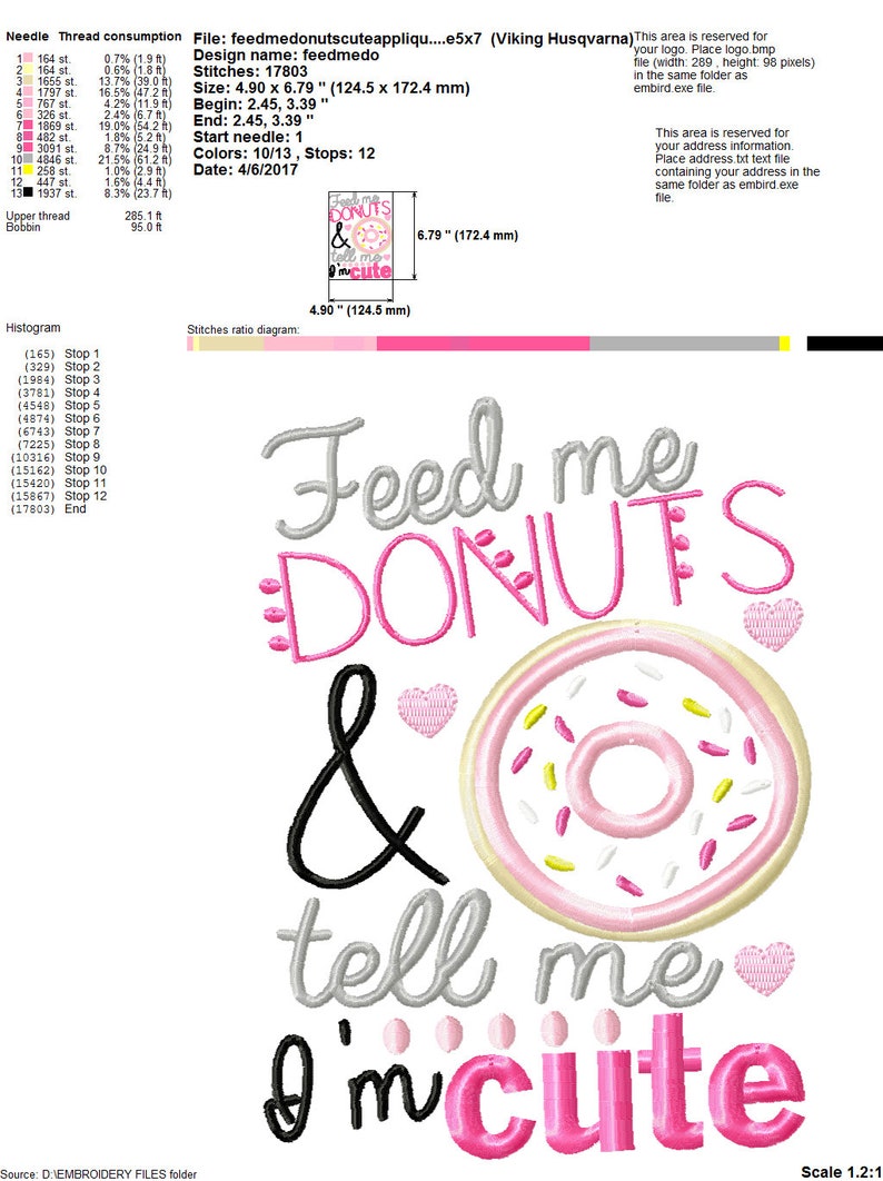 May include: Embroidered design featuring the text "Feed me donuts & tell me I'm cute" in pink, gray, and black lettering. A pink donut with white frosting and yellow sprinkles is included in the design.