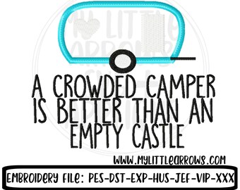 Crowded camper empty castle embroidery design 4x4 5x7 6x10 - retro camper applique - retro camper embroidery - camping dish towel embroidery
