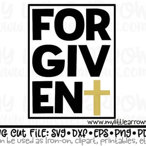 Könnte beinhalten: Schwarz-weißes Grafikdesign mit dem Text "FORGIVEN" und einem goldenen Kreuz. Der Text ist in einer fetten, klobigen Schrift.